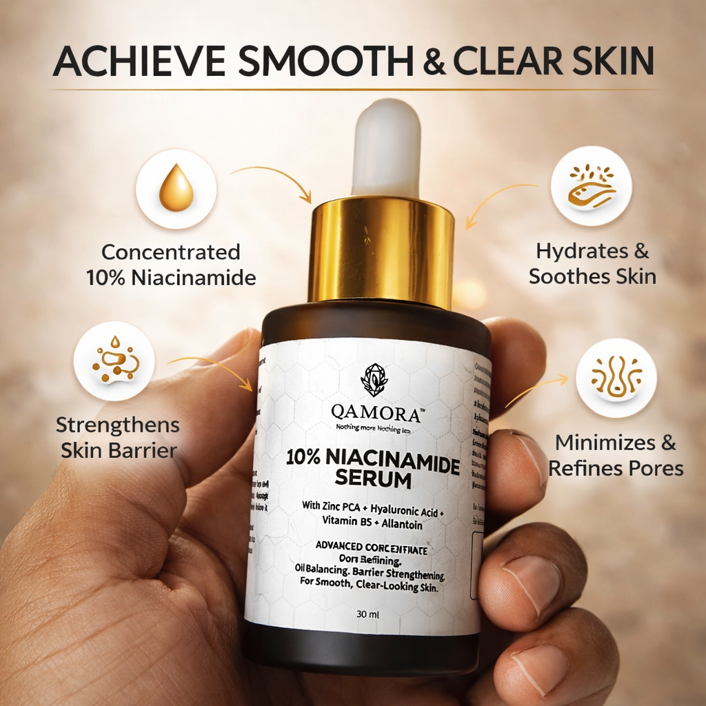 Qamora 10% Niacinamide Serum bottle held in a hand with text highlighting serum benefits.