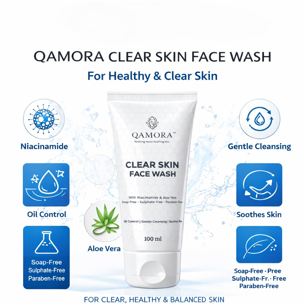 Qamora Clear Skin Face Wash packaging with features listed on a white background