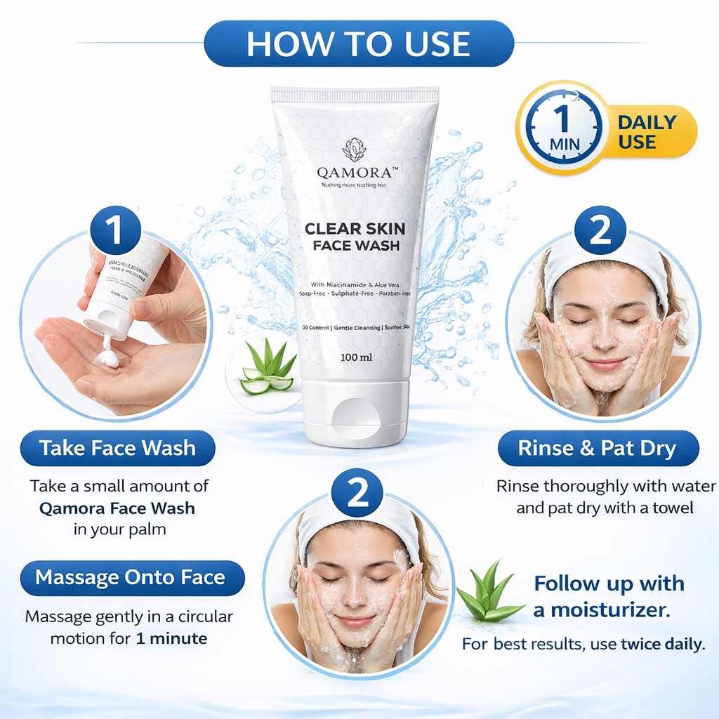 QAMORA Clear Skin Face Wash skincare product packaging