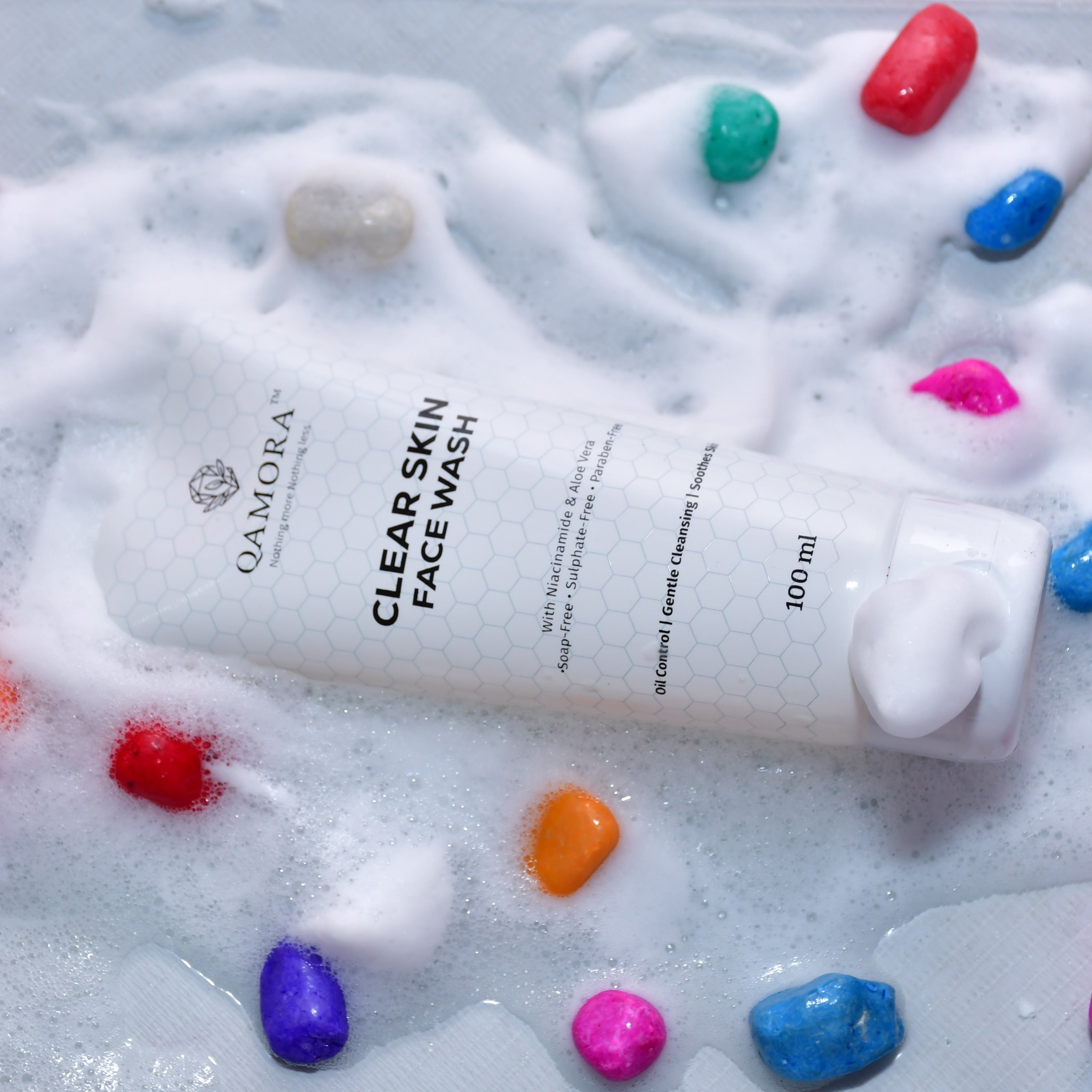 Gentle foaming cleanser texture of QAMORA Clear Skin Face Wash