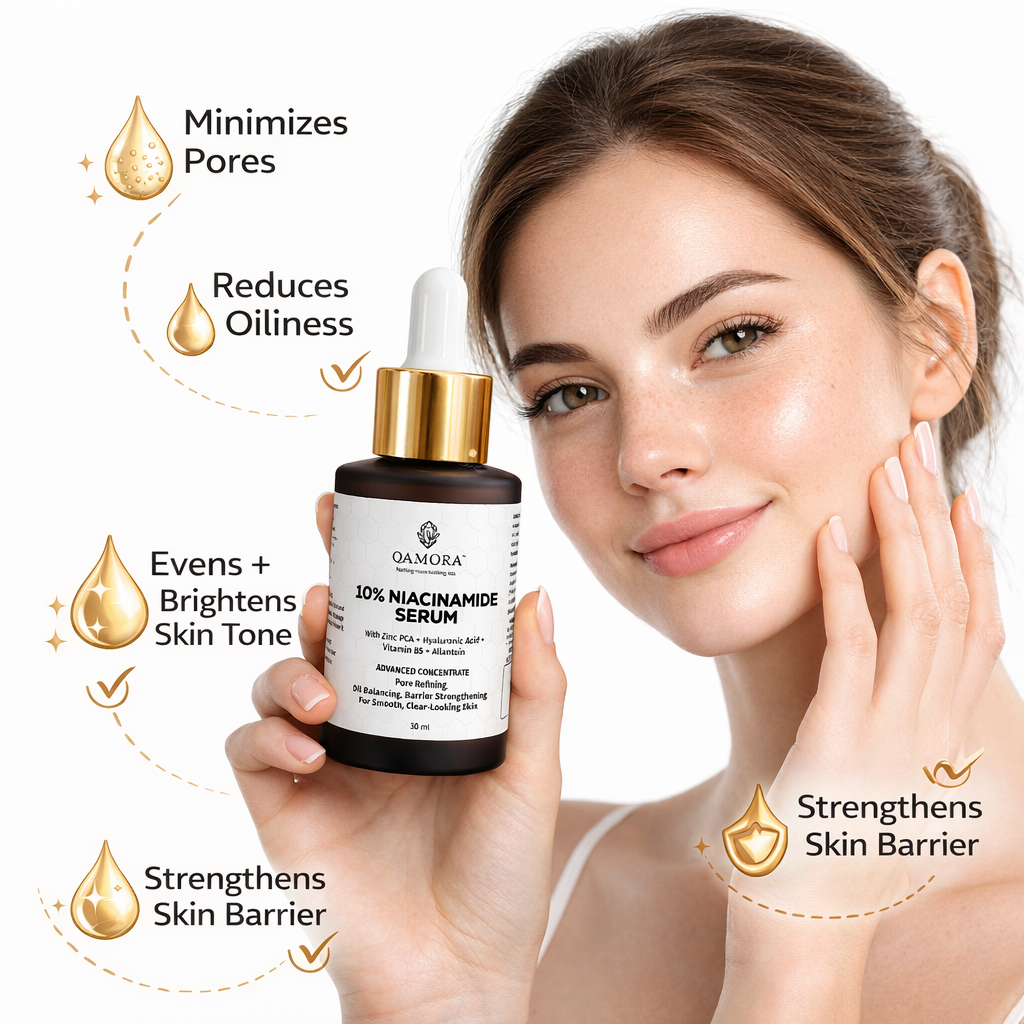 Woman holding a skincare serum bottle with product benefits displayed on a white background